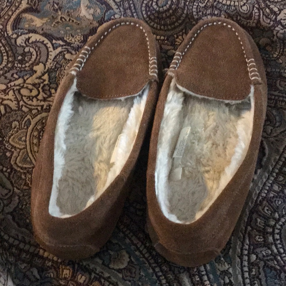 Tan faux suede slippers, size 7.